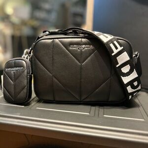 Karl Lagerfeld Maybelle Crossbody Black Camera Bag With AirPods Pouch. NWT